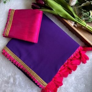 Purple Festival Special Plain And Border Lace Work Georgette Saree With Latkan