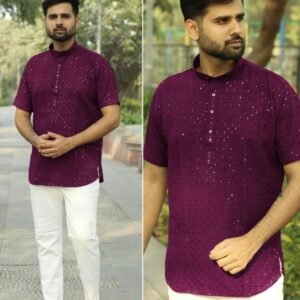 Purple Festival Wear Chikankari Work Rayon Short Men Kurta
