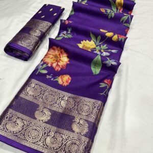 Purple Floral Printed Pure Dola Silk Saree