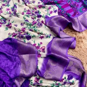 Purple Floral Printed Semi Dola Silk Saree