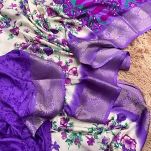 Purple Flower Printed Dola Silk Saree With Jacquard Border