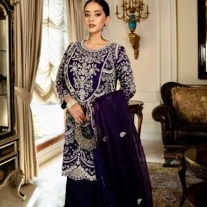 Purple Fox Georgette Embroidered Kurti Palazzo Set with Dupatta for Women