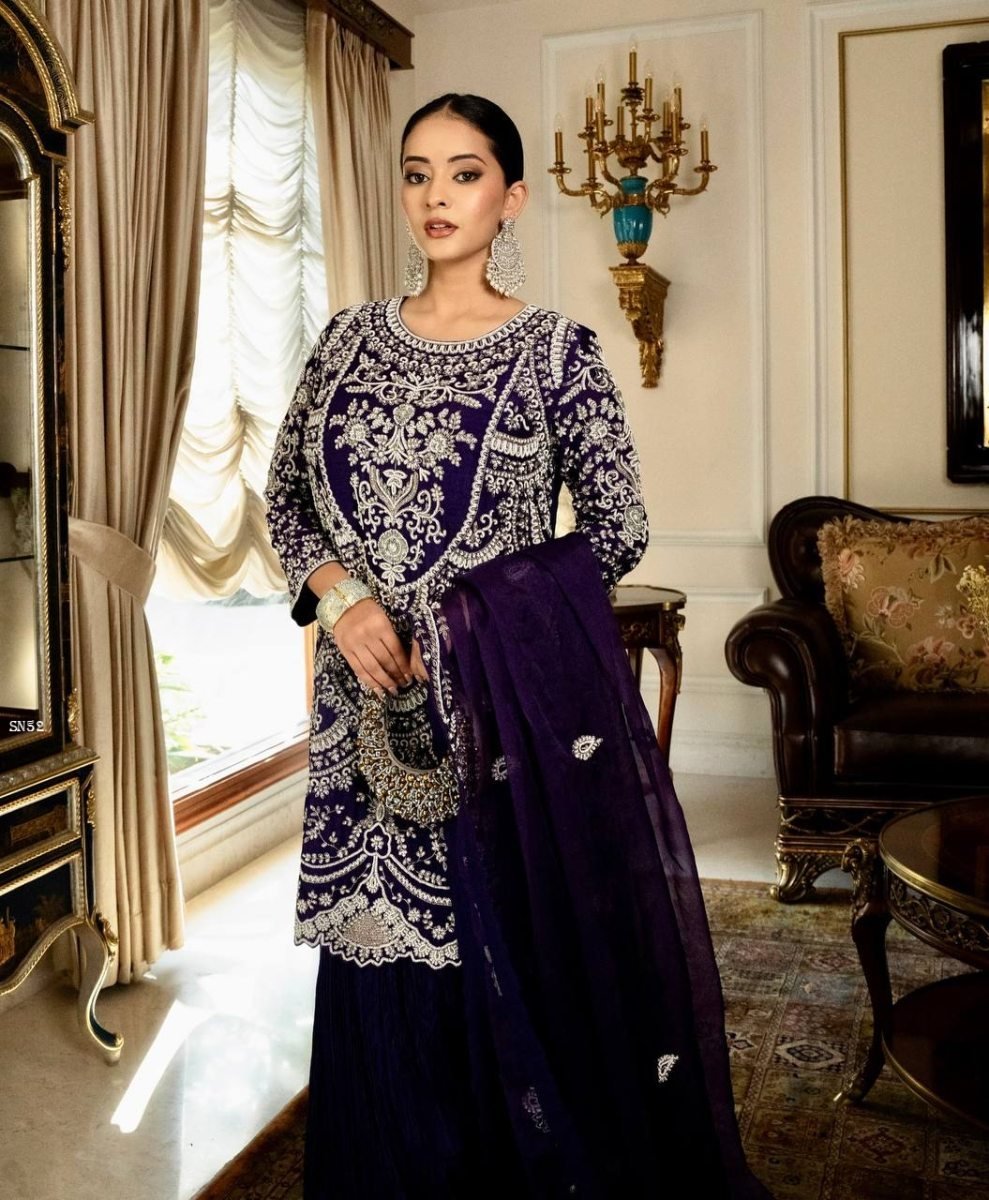 purple fox georgette embroider 1772522959 Purple Fox Georgette Embroidered Kurti Palazzo Set with Dupatta for Women