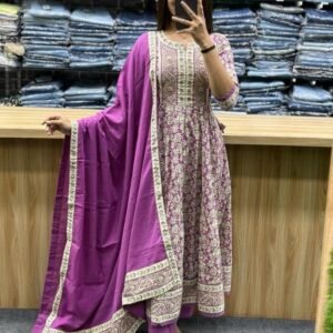 Purple Hand Block Printed Cotton Anarkali Kurti