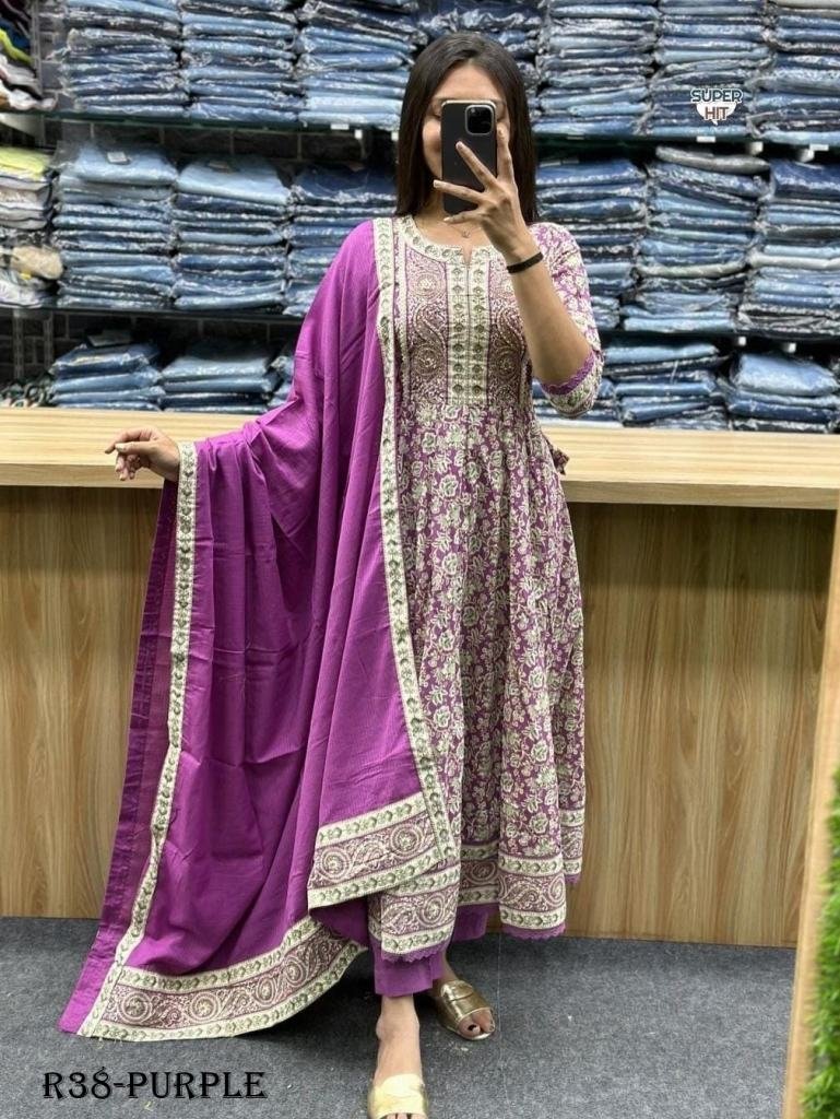 purple hand block printed cott 1718010240 Purple Hand Block Printed Cotton Anarkali Kurti