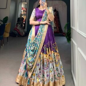 Purple Kalamkari Print Dola Silk Lehenga Choli