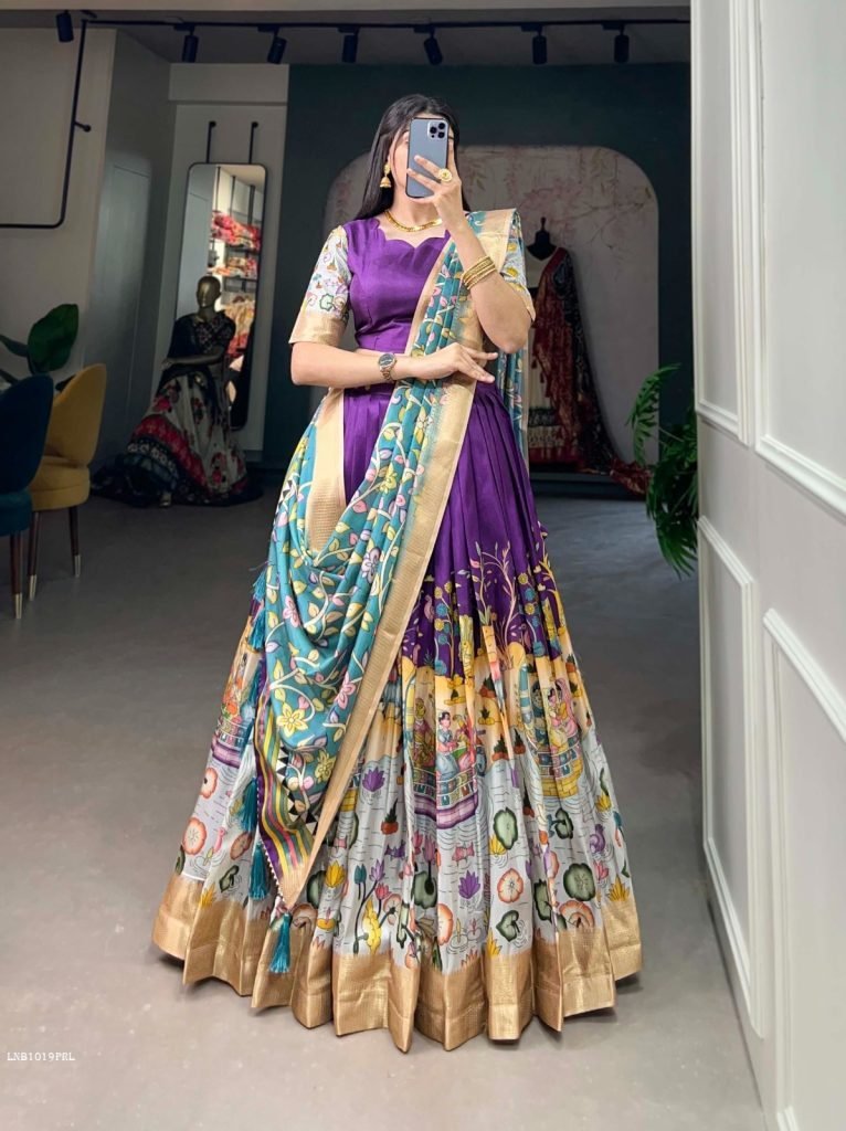 purple kalamkari print dola si 1713349762 Purple Kalamkari Print Dola Silk Lehenga Choli