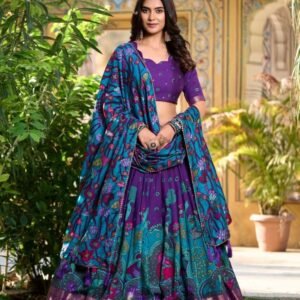 Purple Kalamkari Print Tussar Silk Lehenga Choli With Gota Patti Border Dupatta
