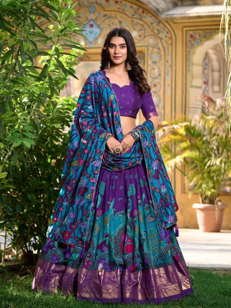 purple kalamkari print tussar 1728900012 Purple Kalamkari Print Tussar Silk Lehenga Choli With Gota Patti Border Dupatta