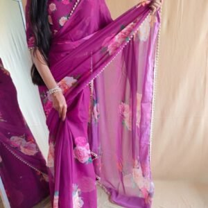 Purple Party Wear And Pearl Lace Border Georgette Saree