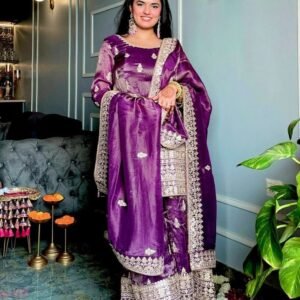 Purple Party Wear Pure Embroidery Chinon Silk Sharara Suits