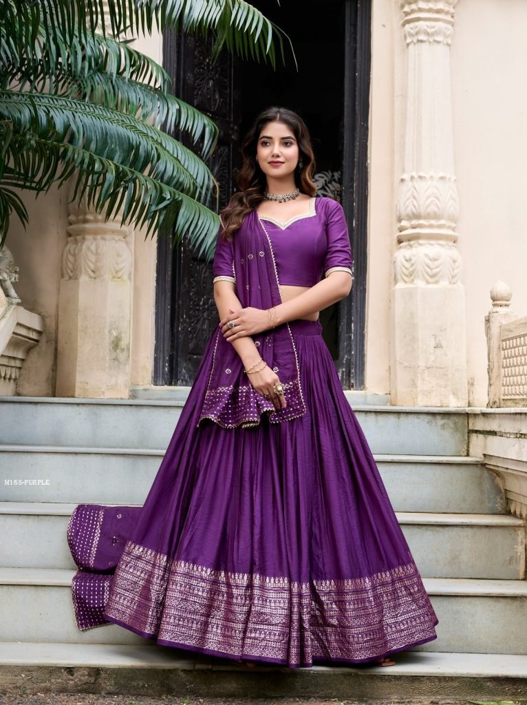 purple pure chanderi with zari 1766567465 Purple Pure Chanderi With Zari Weaving Work Border Lehenga Choli