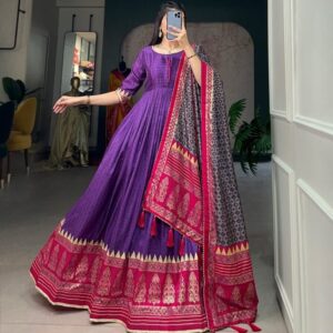 Purple Readymade Foil Printed Tussar Silk Gown With Dupatta