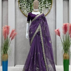 Purple Tibby Silk Saree With Digital Print For Women Wear