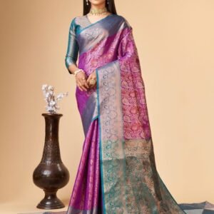 Purple Varni Silver Zari Weaving Lichi Silk Saree