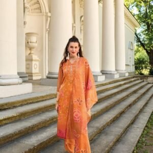 Qurbat Orange Digital Printed And Handwork Kurtis Three Piece Set