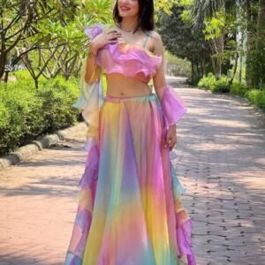 Rainbow Organza Lehenga Set with Ruffle Blouse And Dupatta