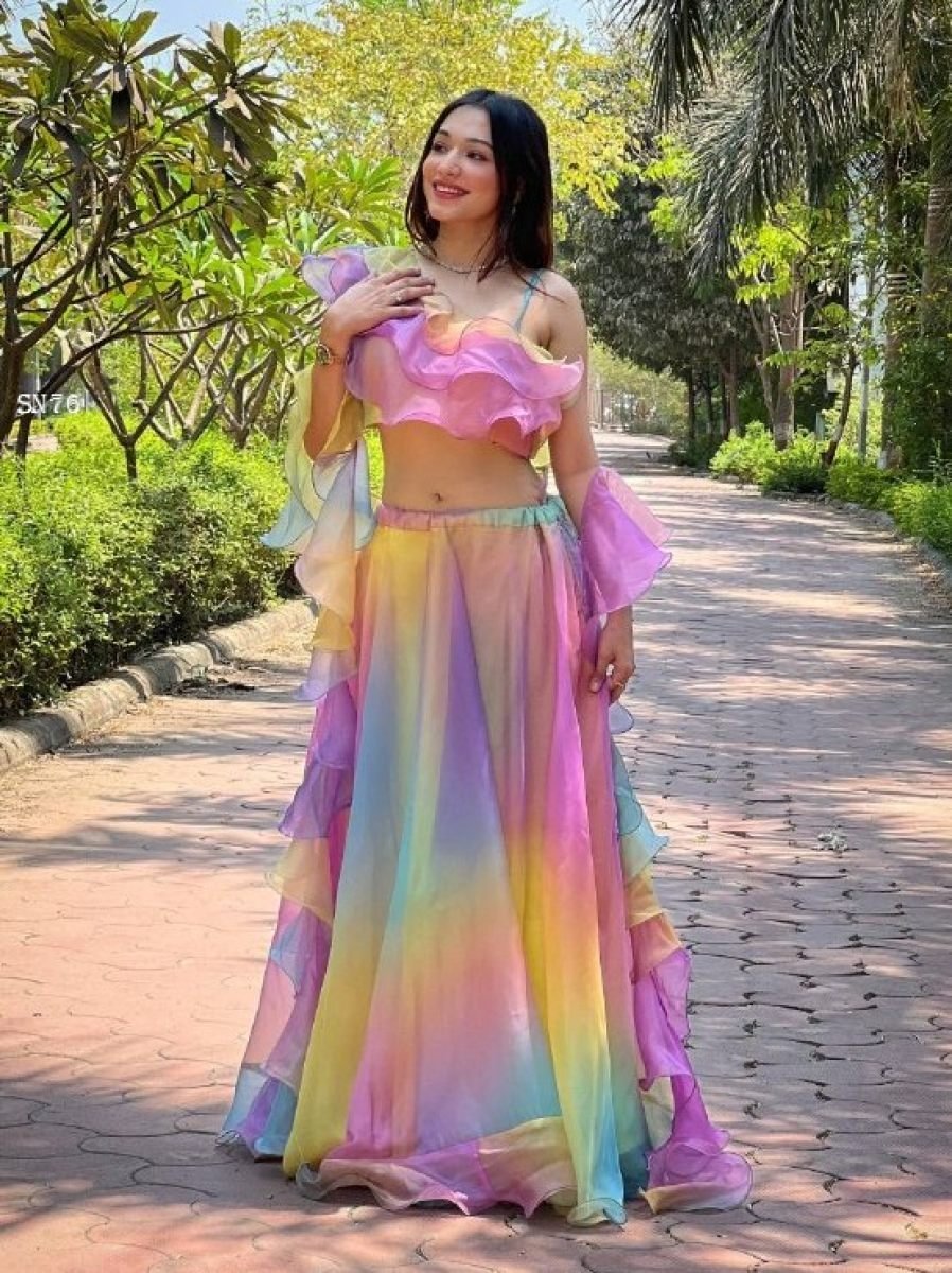 rainbow organza lehenga set wi 1775641392 Rainbow Organza Lehenga Set with Ruffle Blouse And Dupatta