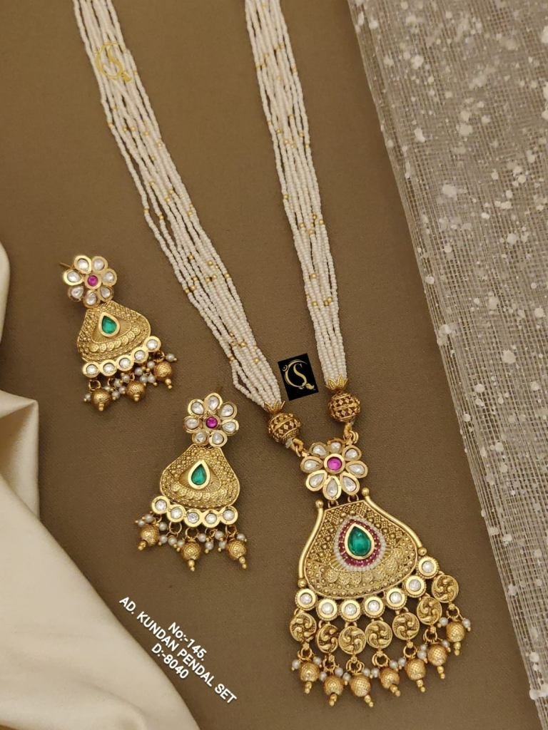 rajwadi golden long pendant ne 1748508379 Rajwadi Golden Long Pendant Necklace Set
