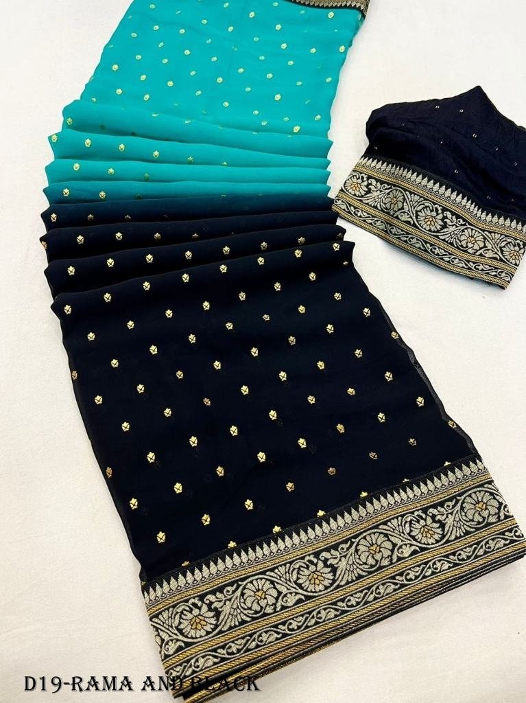 rama and black color heavy geo 1717827590 Rama and Black Color Heavy Georgette Saree With foil print