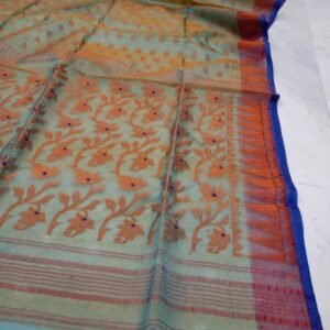 Rama And Blue Flower Soft Pure Maslin Dhakai Jamdani Saree