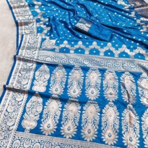 Rama And Blue Two Tone Festival Wear Pure Banarasi Silk Saree With Silver Zari