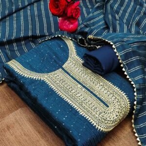 Rama Blue Designer Chanderi Unstitched Suits With Crosset Work