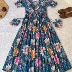 Rama Flower Printed Soft Muslin V Neck Western Kurti With Puff Sleeve