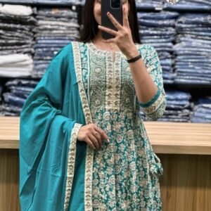 Rama Hand Block Printed Cotton Anarkali Kurti