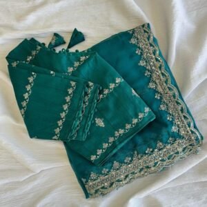 Rama Party Wear Embroidery Work Soft Organza Saree