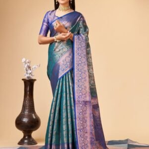 Rama Varni Silver Zari Weaving Lichi Silk Saree