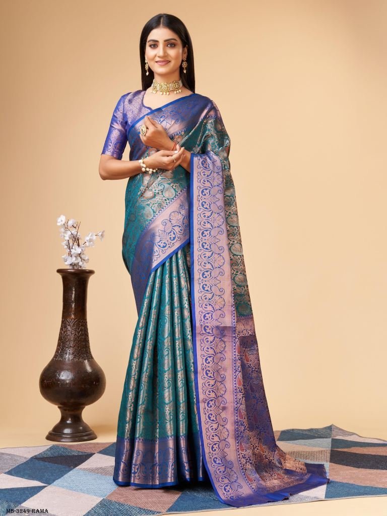 rama varni silver zari weaving 1716978011 Rama Varni Silver Zari Weaving Lichi Silk Saree