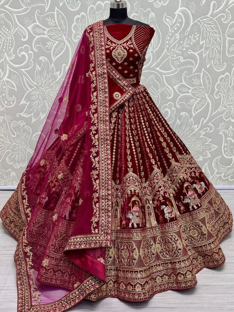 rani bollywood bridal velvet l 1728372459 Rani Bollywood Bridal Velvet Lehenga Choli With Beautiful Neck Work