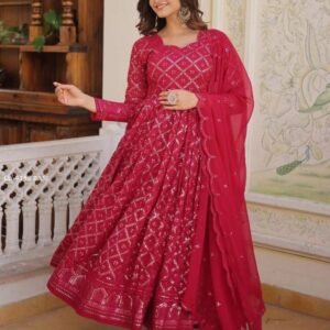 Rani Pink Checks Pattern Georgette Gown with Dupatta