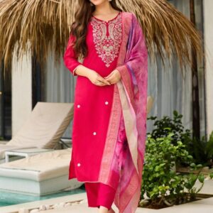 Rani Pink Embroidered Viscose Kurta Set with Jacquard Dupatta