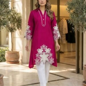 Rani Pink Embroidery Cutwork Kurti Pant Set