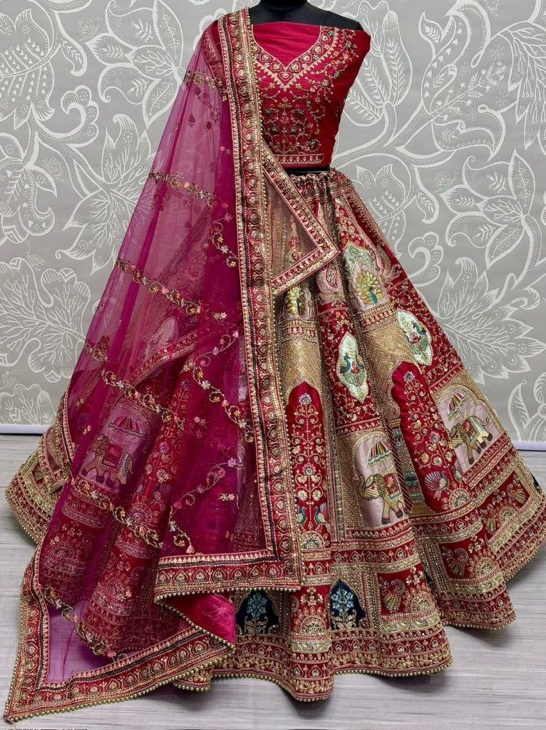rani pink silk fabric dori emb 1737636690 Rani Pink Silk Fabric Dori Embroidery Work Peacock Print Wedding Lehenga