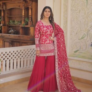 Rani Pink Viscose Jacquard Gharara Suit With Sequence Work