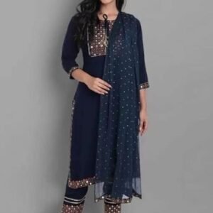Rayon Embroidery Blue Kurti Pant Set With Dupatta