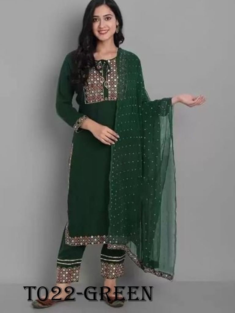 rayon embroidery kurti pant se 1717997075 Rayon Embroidery Green Kurti Pant Set With Dupatta