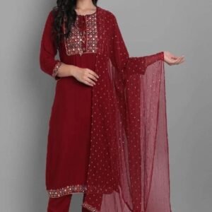 Rayon Embroidery Red Kurti Pant Set With Dupatta