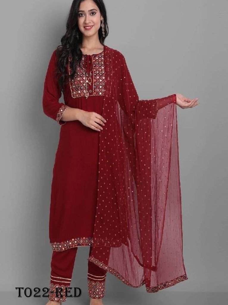 rayon embroidery red kurti pan 1717997952 Rayon Embroidery Red Kurti Pant Set With Dupatta