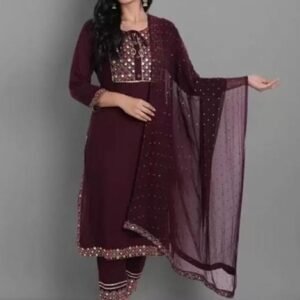Rayon Embroidery Wine Kurti Pant Set With Dupatta