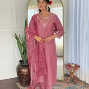 Rayon Gajri Neck Embroidered Kurti Pant Set