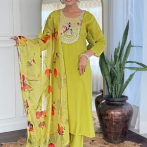 Rayon Light Greeen Embroidery Work Kurti Pant Dupatta Set