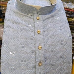 Rayon Sequence Work Sky Kurta And Pyjama
