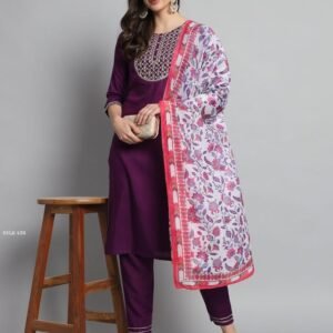 Rayon Slub Wine Embroidered Kurti Pant WIth Printed Dupatta