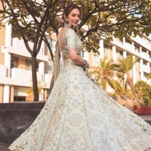Party Wear Mulberry Silk Sky Lehenga Choli