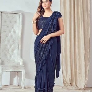 Ready To Wear Blue Lycra Saree with Ruffle Border