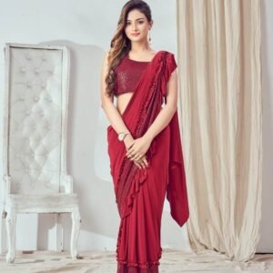 Ready To Wear Red Lycra Saree with Ruffle Border